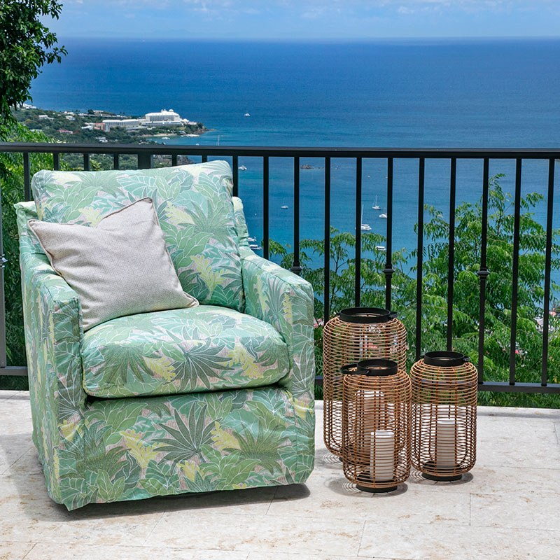 Tobago Leaf Fabric - Palm, styled in a room - Starboard Lane