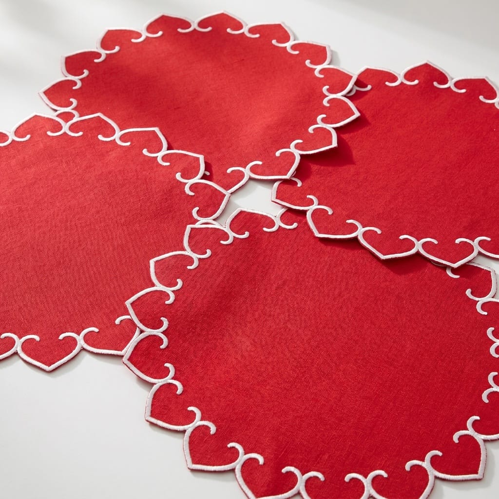 Tessuti Red Round Placemats with White Stitching - Set of 4, linen with white stitching