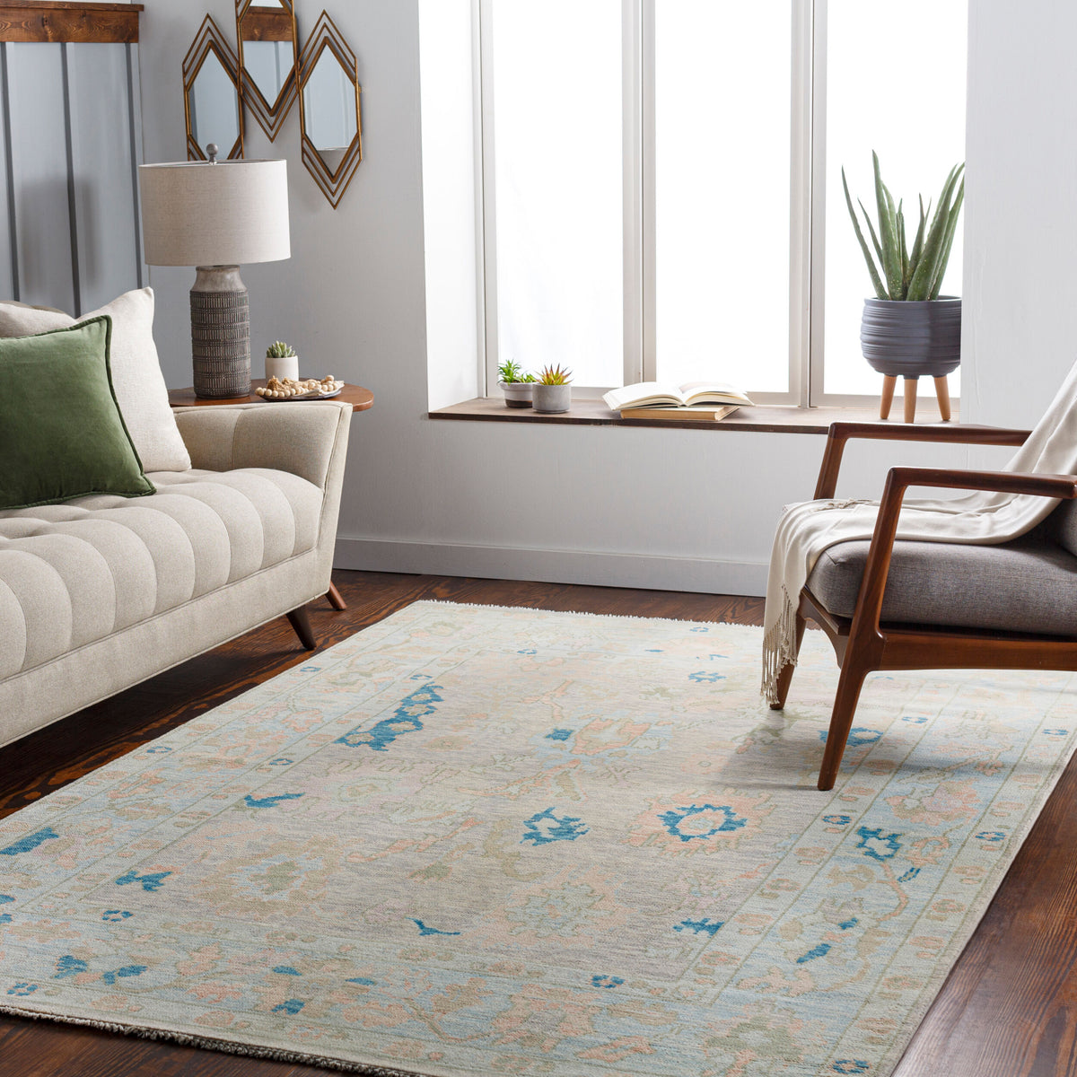 Ushak Hand-Knotted Wool Rug, styled in a room - Starboard Lane