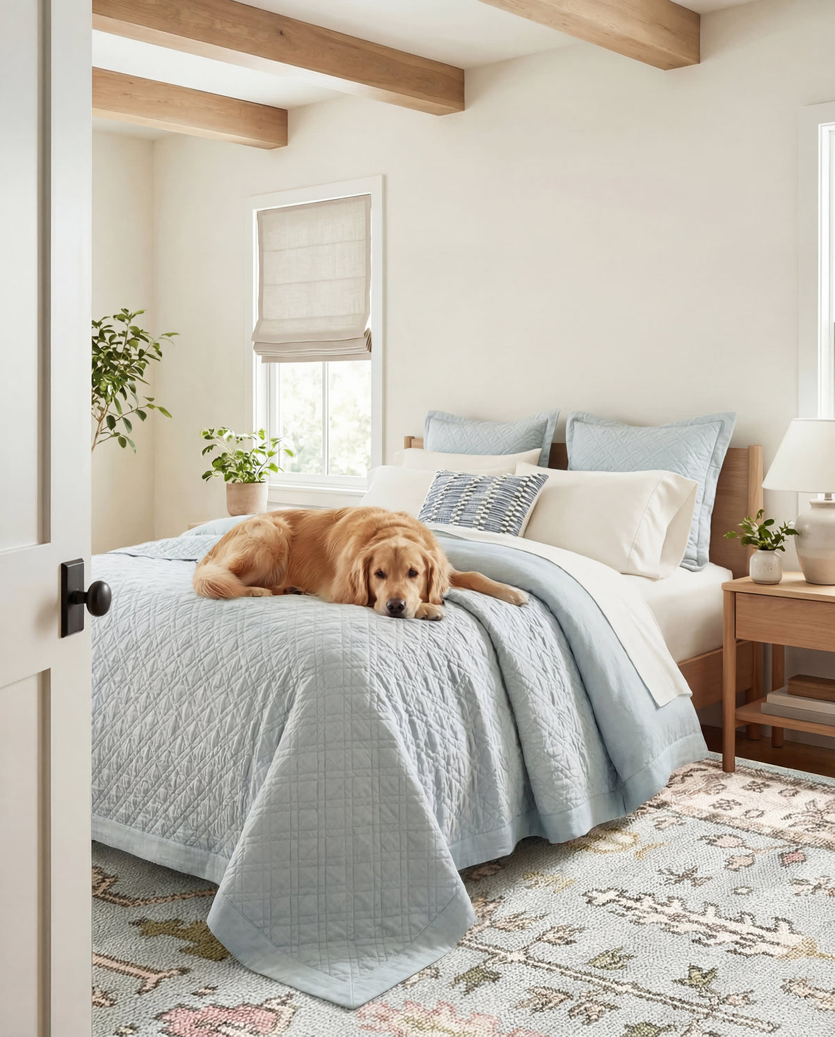 Washed Linen Quilt, Sky, styled on the bed - Starboard Lane