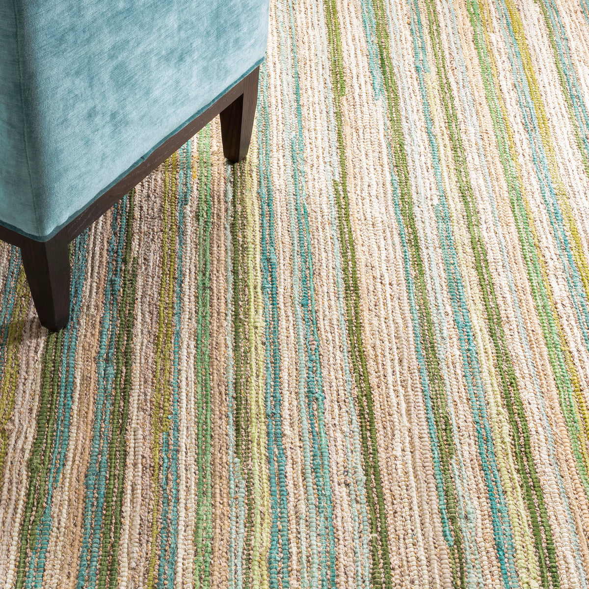 Francisco Handwoven Cotton Rug - Green, styled in a room - Starboard Lane