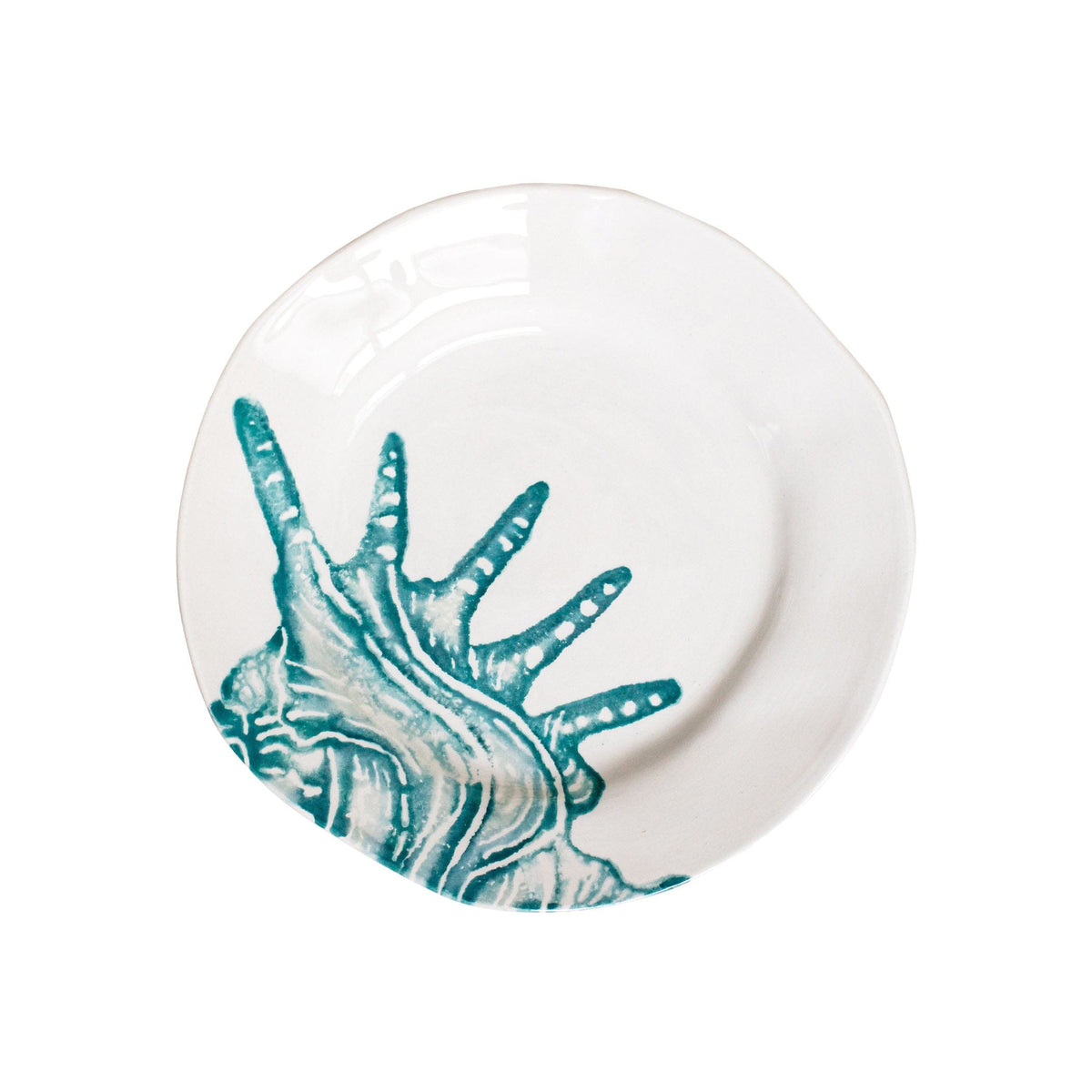 Lido Aqua Salad Plate, white Italian earthenware hand painted with a teal spiny seashell