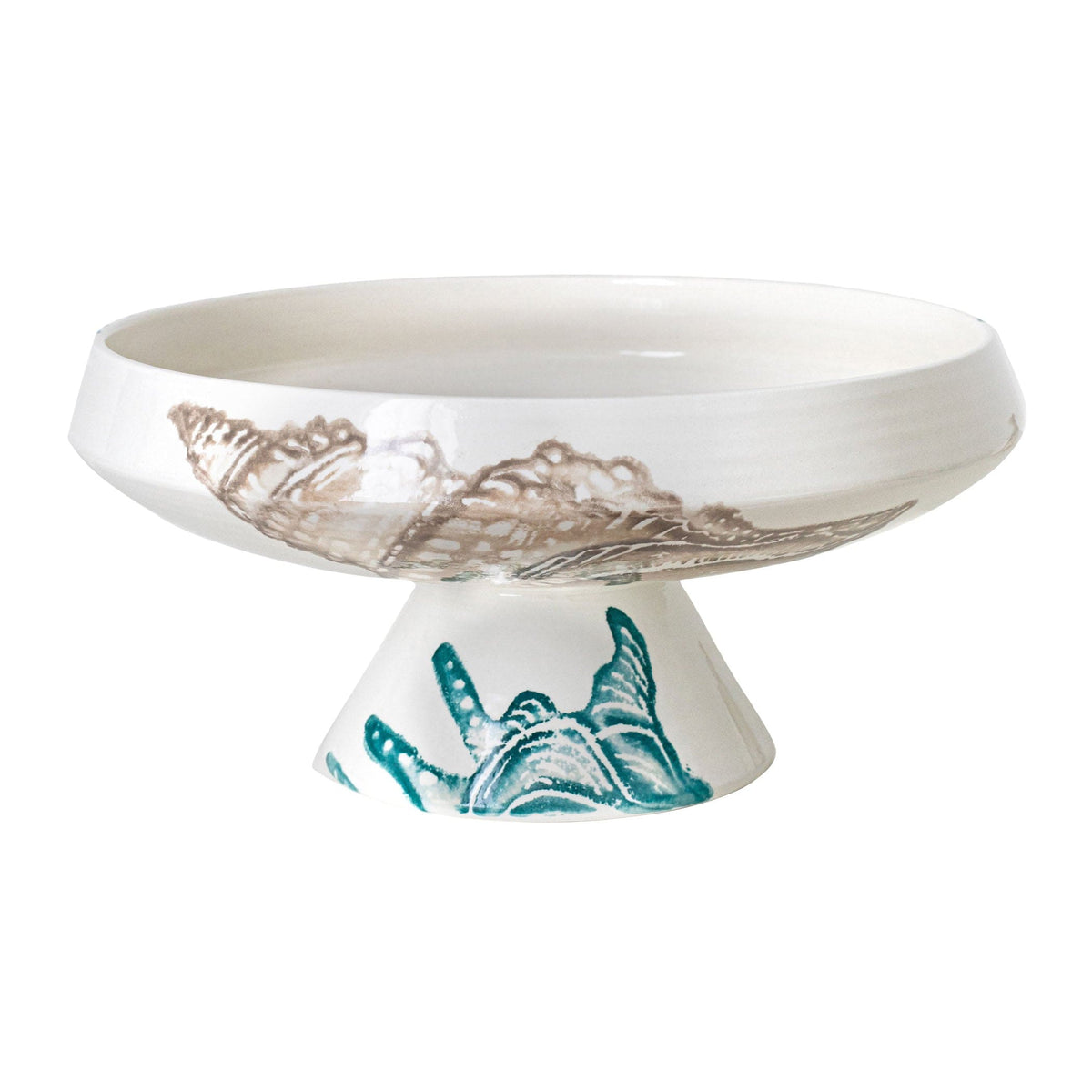 Lido Pedestal Bowl, white Italian earthenware hand painted with a taupe seashell on the bowl and teal shell on the base