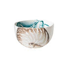 Lido Small Deep Serving Bowl, white Italian earthenware hand painted with a taupe nautilus shell outside and teal shell inside