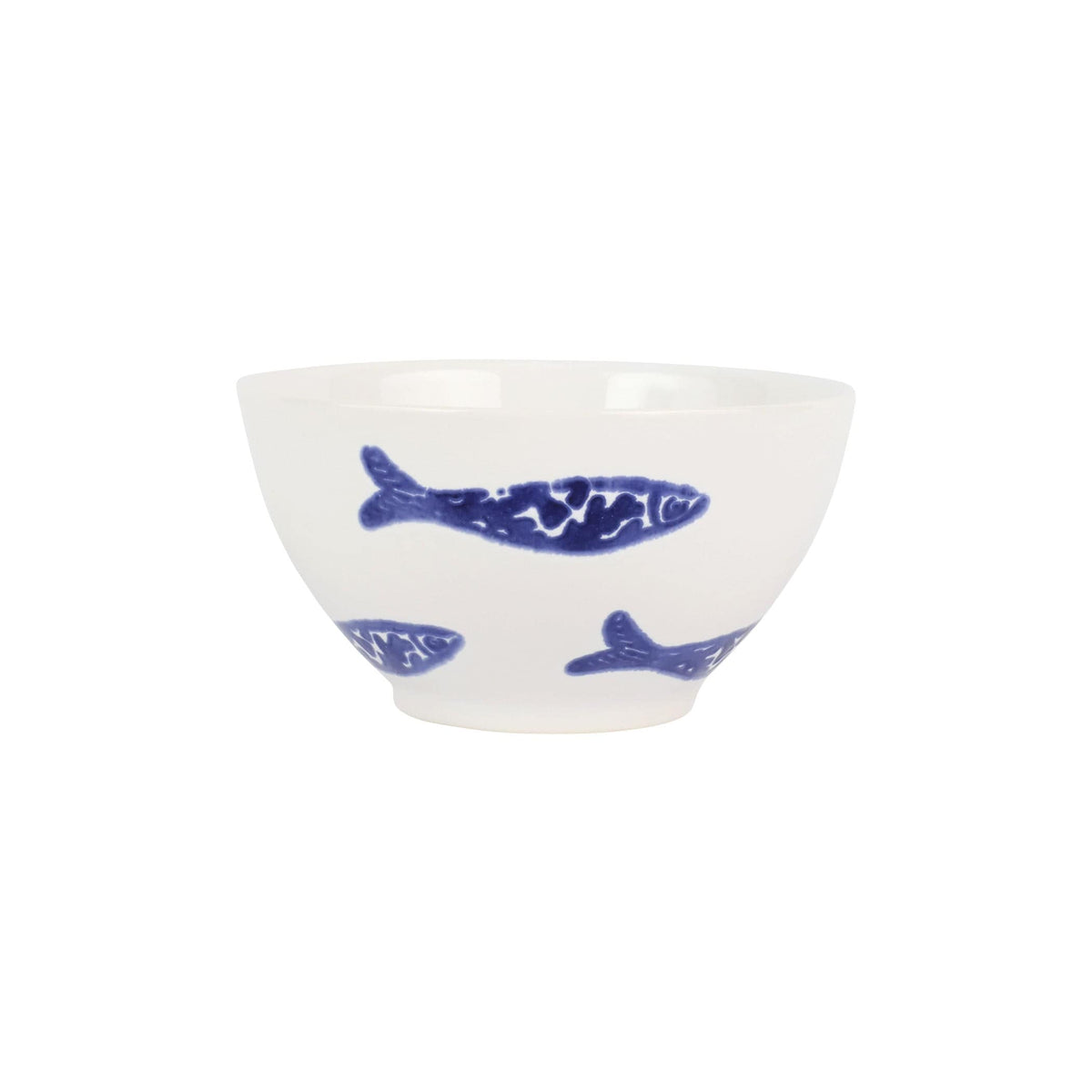 Santorini Minnows Cereal Bowl, hand-painted little blue minnows swimming across white