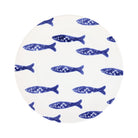 Santorini Minnows Dinner Plate, hand-painted little blue minnows swimming across white