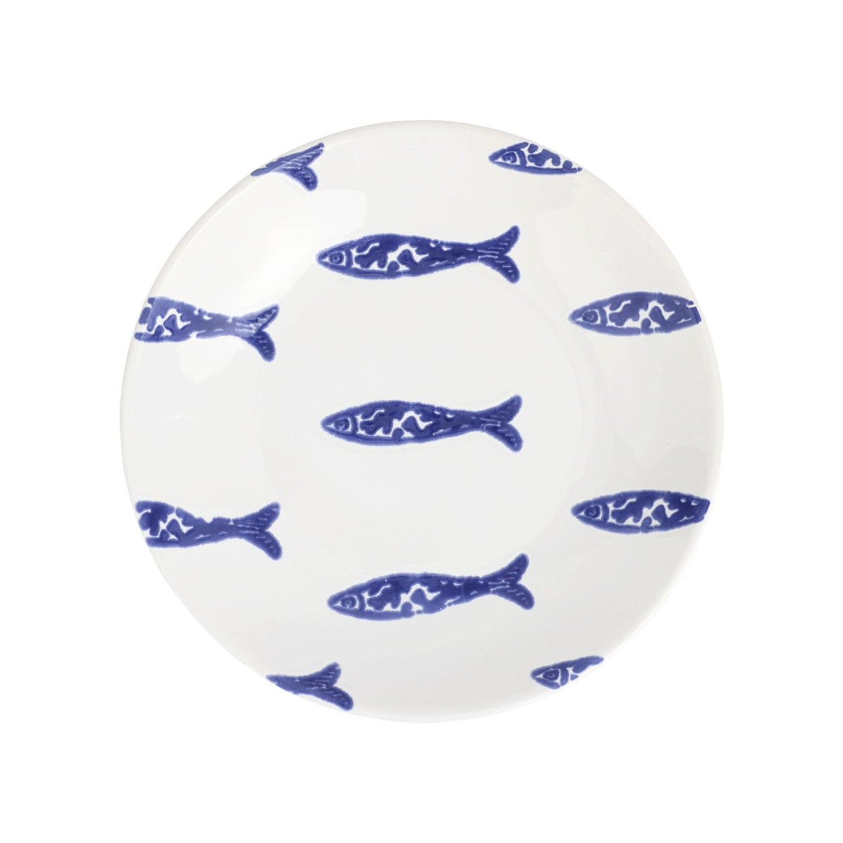 Santorini Minnows Pasta Bowl, hand-painted little blue minnows swimming across white
