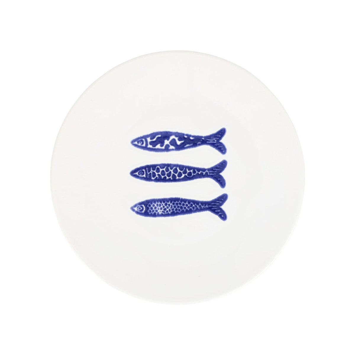 Santorini Minnows Salad Plate, hand-painted little blue minnows swimming across white