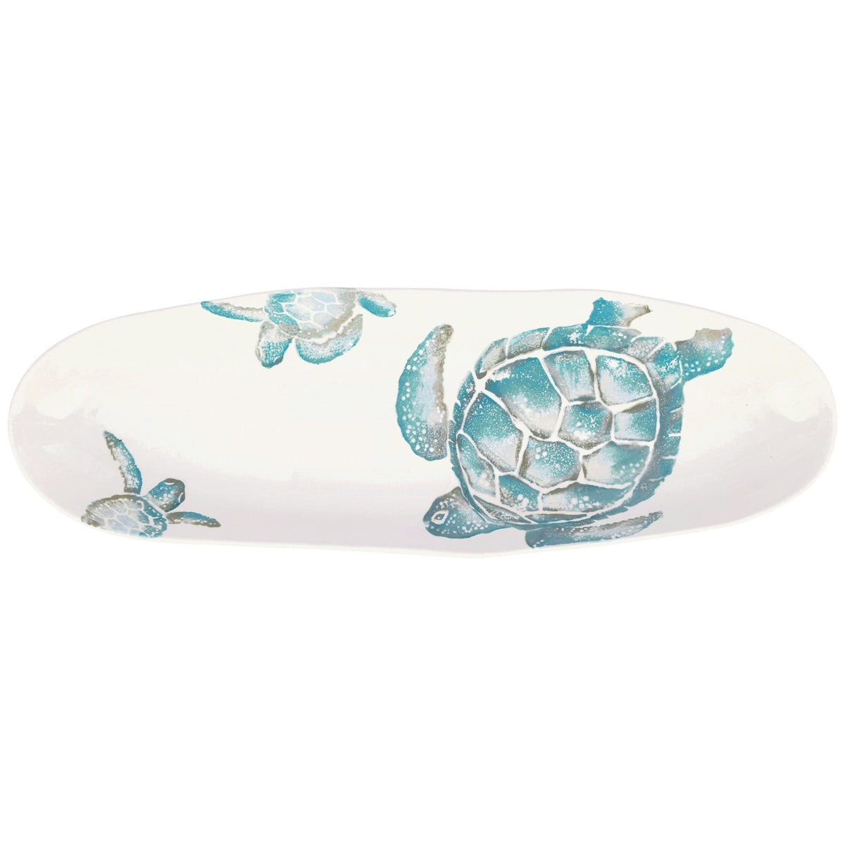 Tartaruga Long Oval Platter, hand-painted aqua and taupe sea turtle