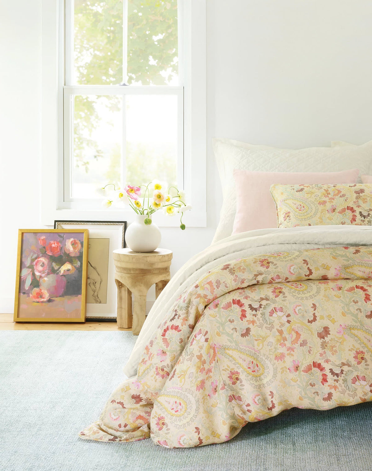 Washed Linen Quilted Sham, Ivory, styled on the bed - Starboard Lane