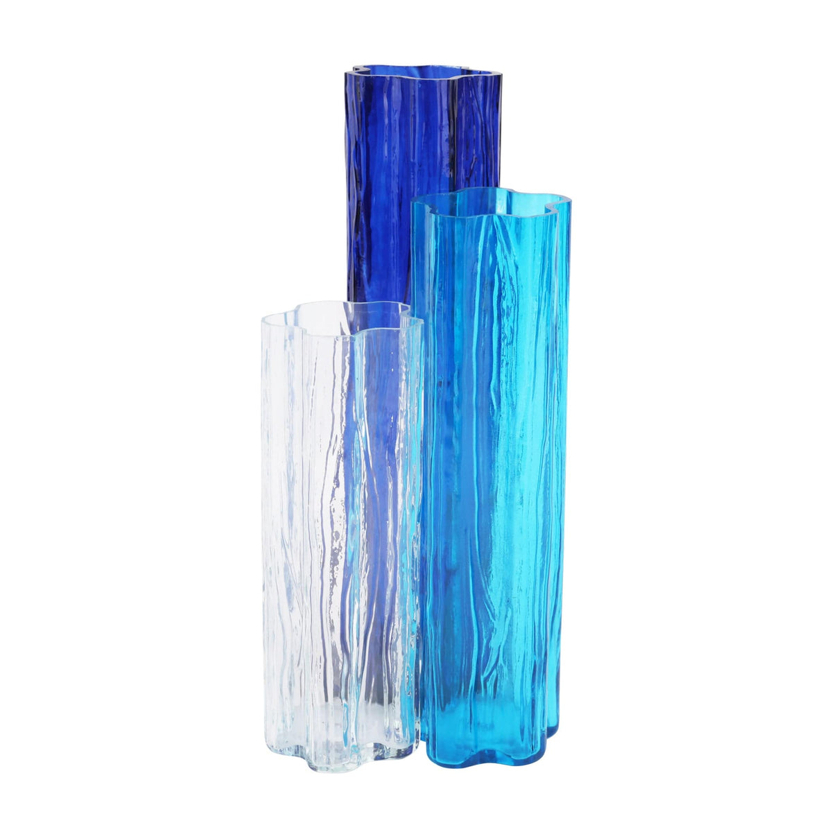 Flora Glass Blue Vase, three fused textured glass vases in clear, aqua and cobalt glass