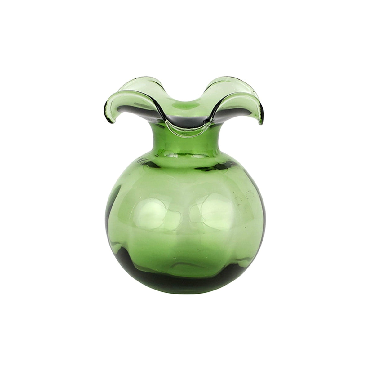 Hibiscus Glass Dark Green Bud Vase, mouthblown glass with a flared hibiscus-petal rim