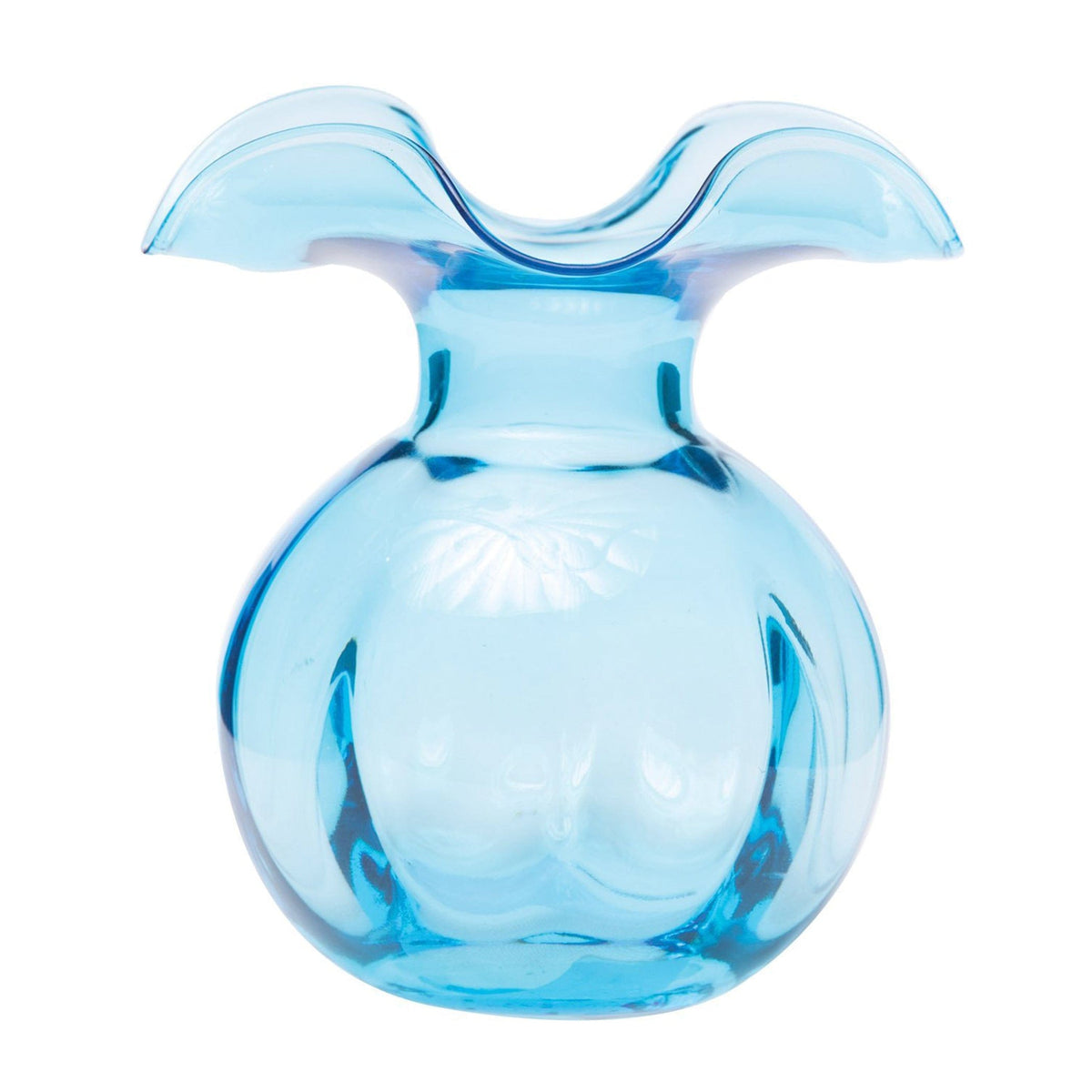 Hibiscus Glass Aqua Medium Fluted Vase, mouthblown glass with a flared hibiscus-petal rim