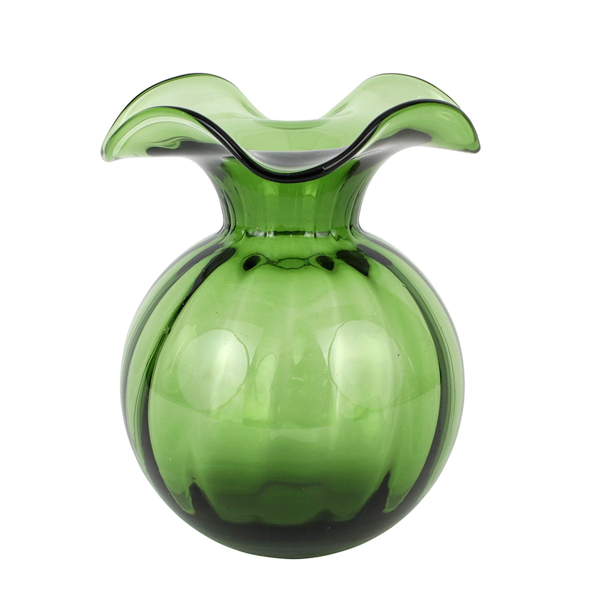 Hibiscus Glass Dark Green Medium Fluted Vase, mouthblown glass with a flared hibiscus-petal rim