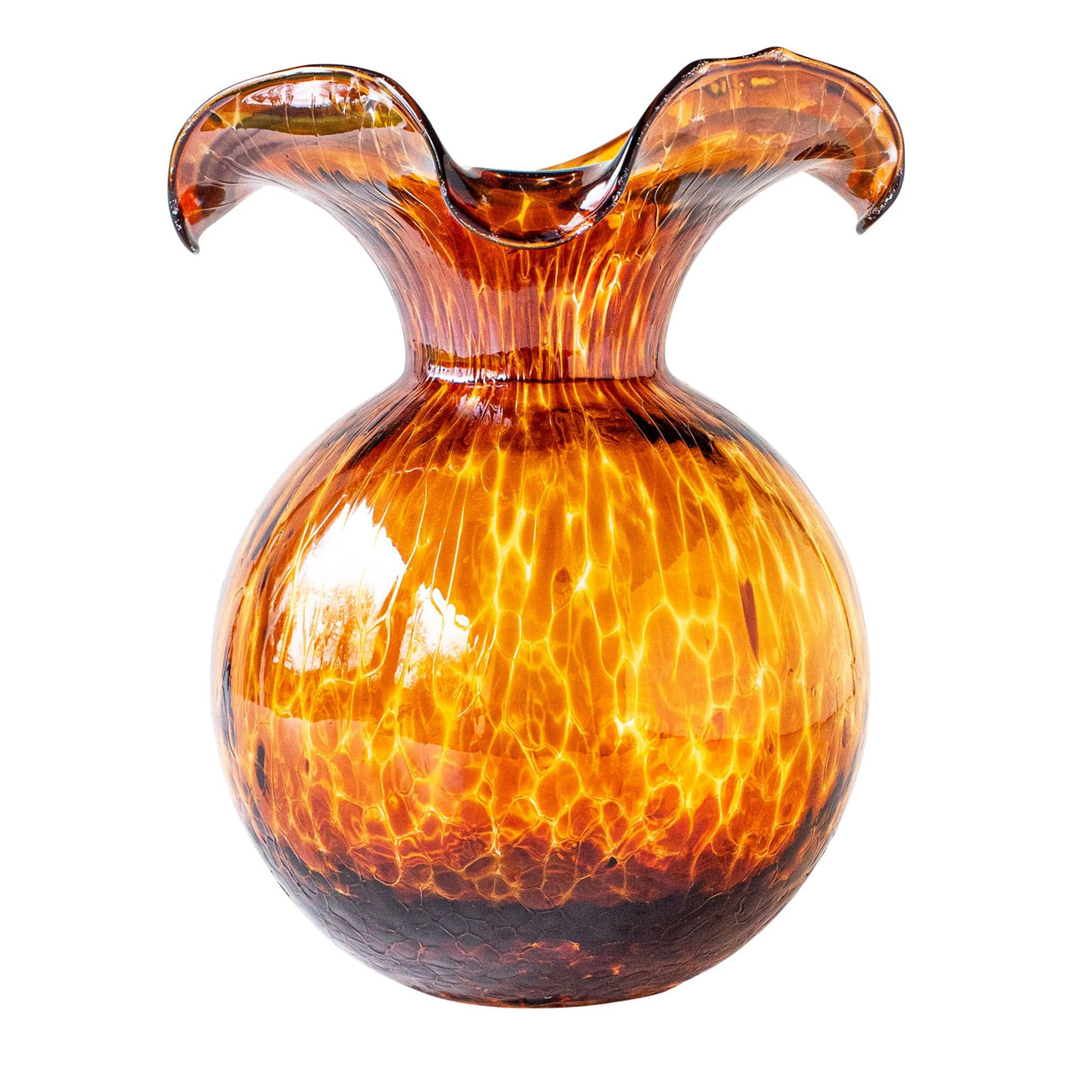 Hibiscus Glass Brown Tortoiseshell Medium Fluted Vase, mouthblown glass with a flared hibiscus-petal rim