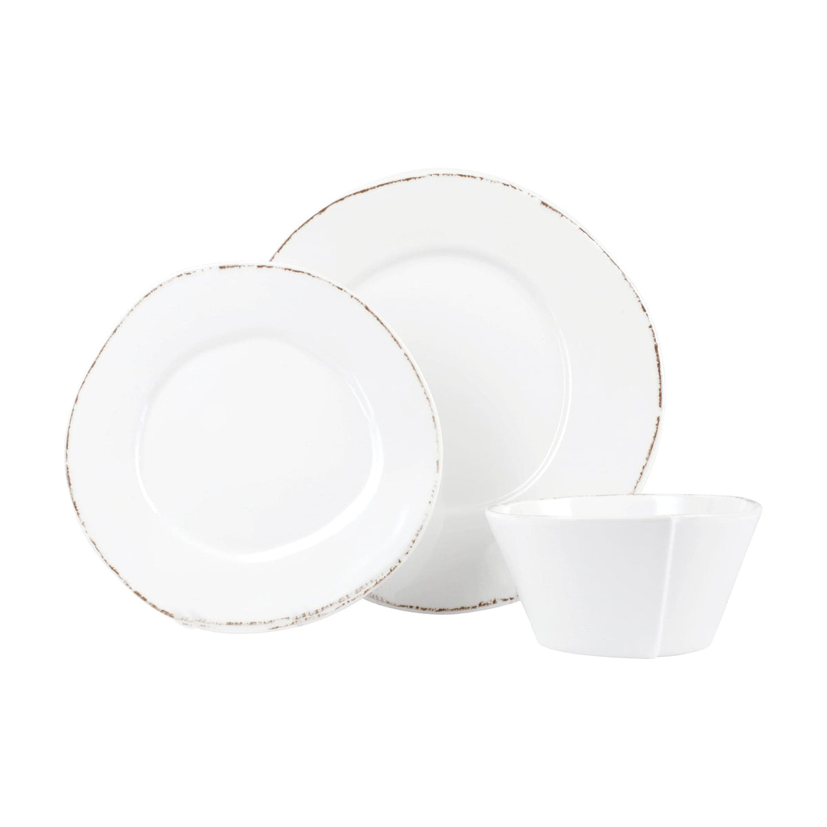Melamine Lastra White Three-Piece Place Setting, white melamine with a rustic Lastra edge