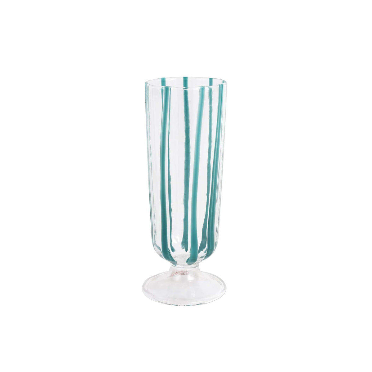 Nuovo Stripe Teal Champagne Glass, mouthblown glass with painterly teal stripes