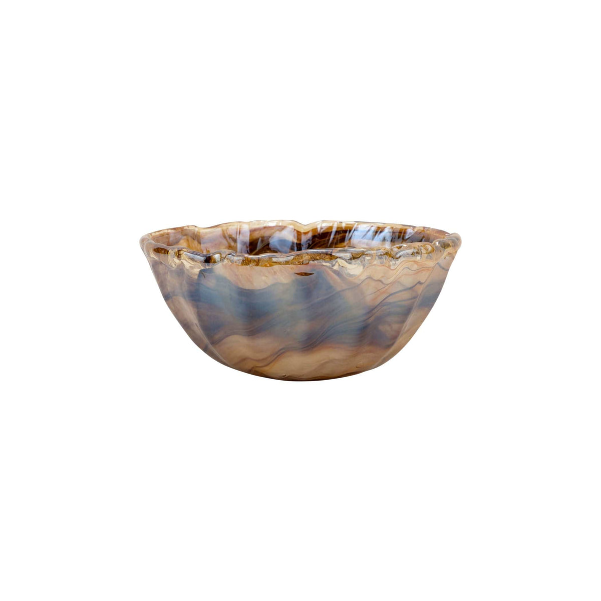 Onda Glass Tortoiseshell Small Bowl, mouthblown wavy glass in swirls of amber and blue