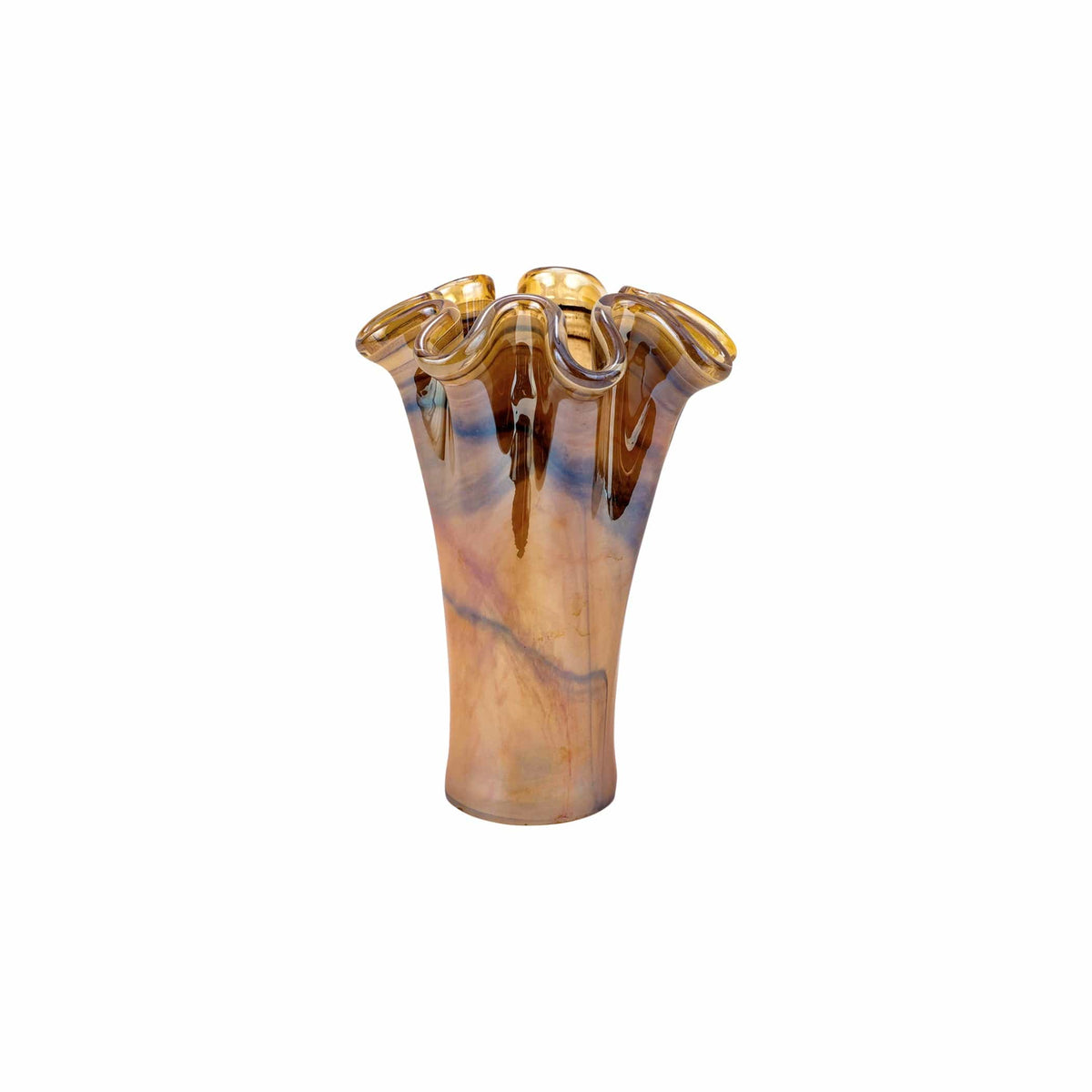 Onda Glass Tortoiseshell Short Vase, mouthblown wavy glass in swirls of amber and blue