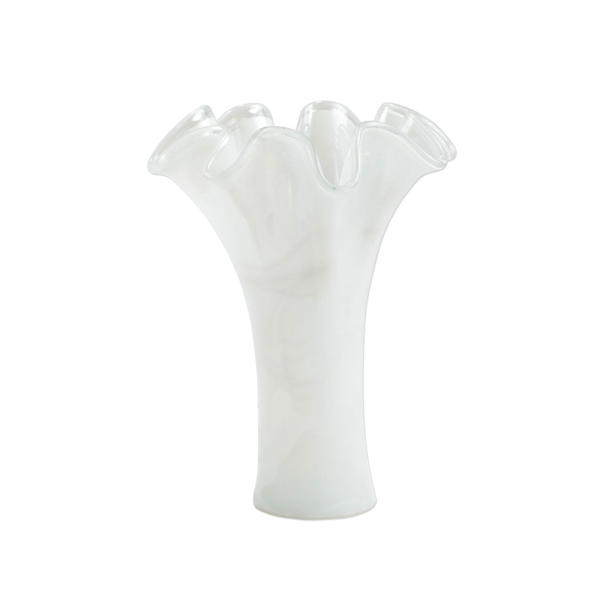 Onda Glass White Short Vase, mouthblown wavy glass in soft, milky white