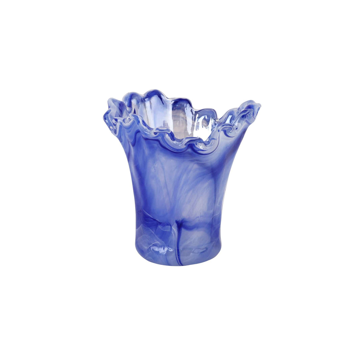 Onda Glass Cobalt Short Vase, mouthblown wavy glass in deep cobalt swirls