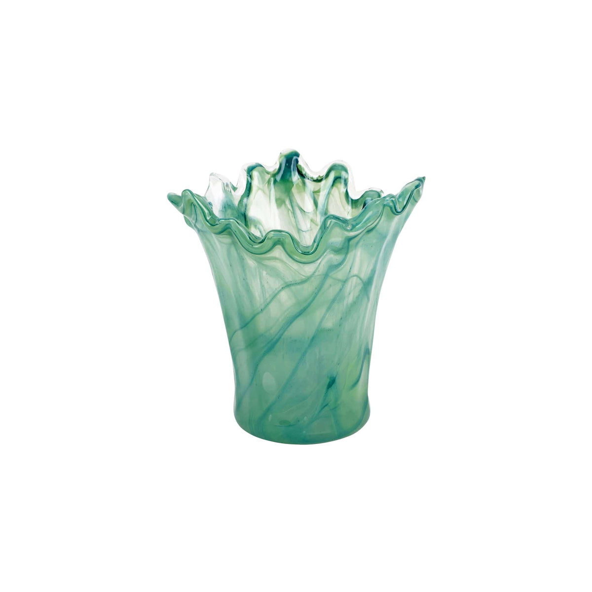 Onda Glass Green Short Vase, mouthblown wavy glass in swirling sea green