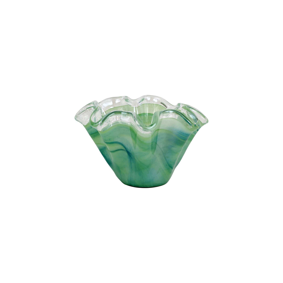 Onda Glass Green Petite Ruffled Bowl, mouthblown wavy glass in swirling sea green
