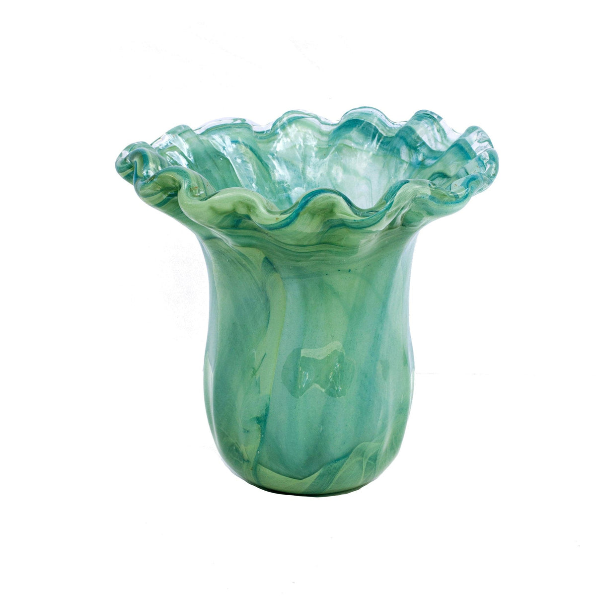 Onda Glass Green Small Tulip Vase, mouthblown wavy glass in swirling sea green