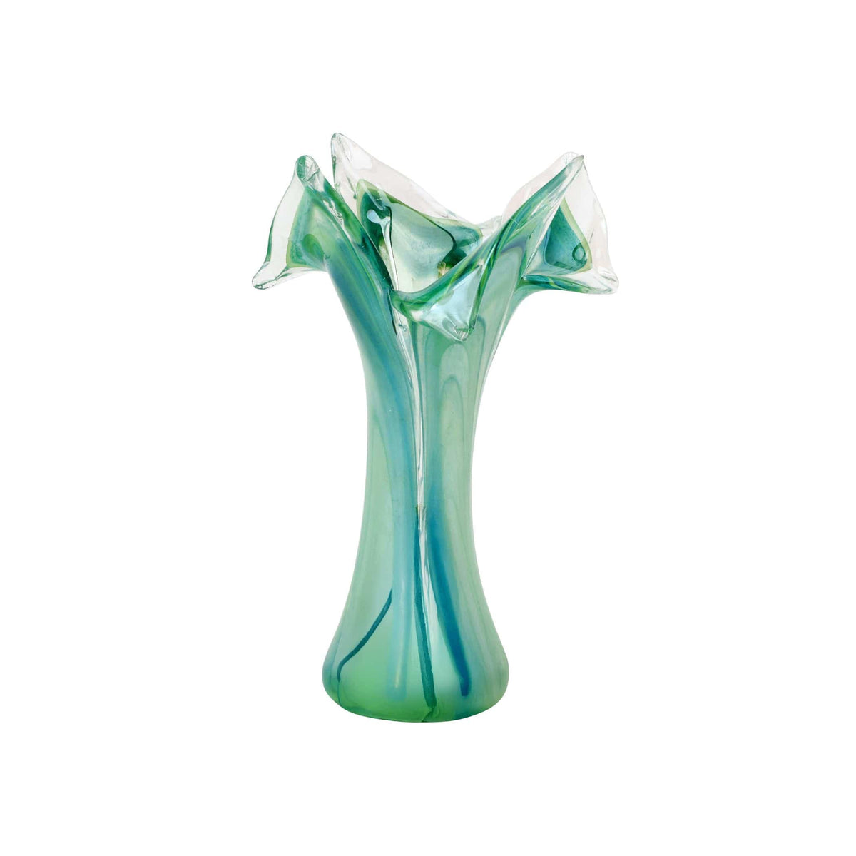 Onda Glass Green Twisted Flower Vase, mouthblown wavy glass in swirling sea green
