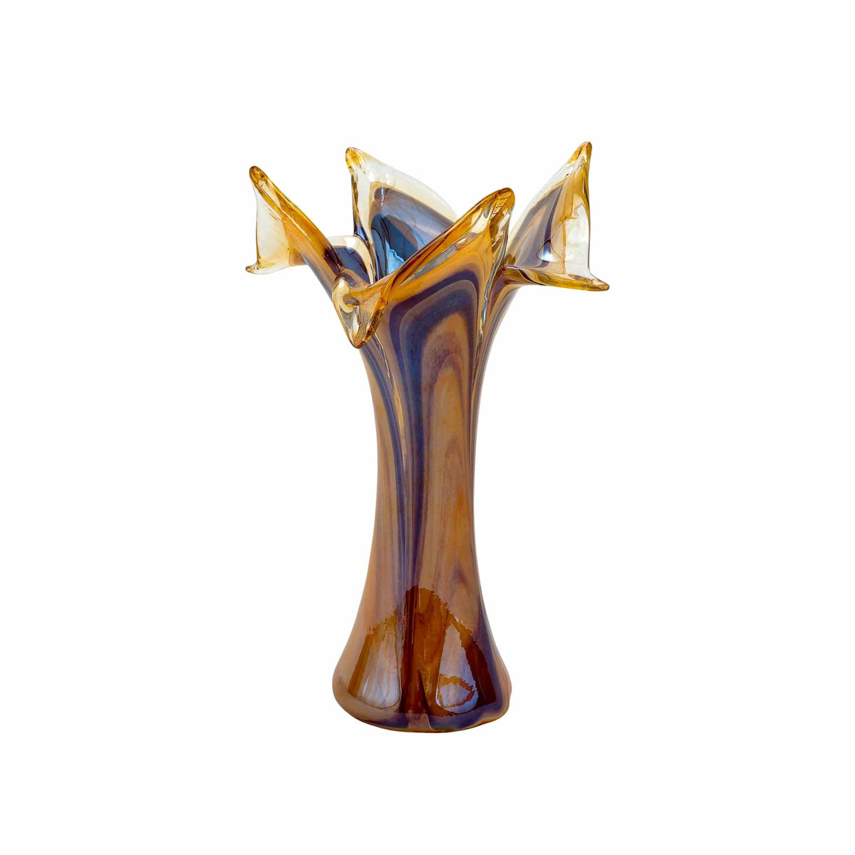 Onda Glass Tortoiseshell Twisted Flower Vase, mouthblown wavy glass in swirls of amber and blue