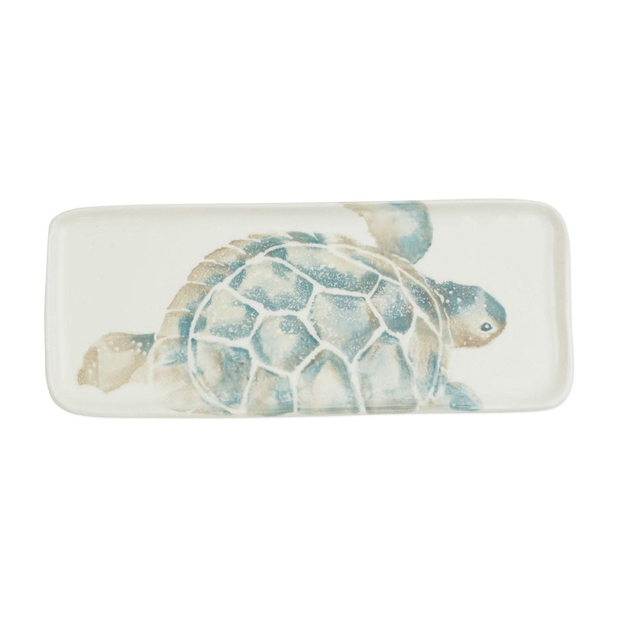 Tartaruga Narrow Rectangular Tray, hand-painted aqua and taupe sea turtle