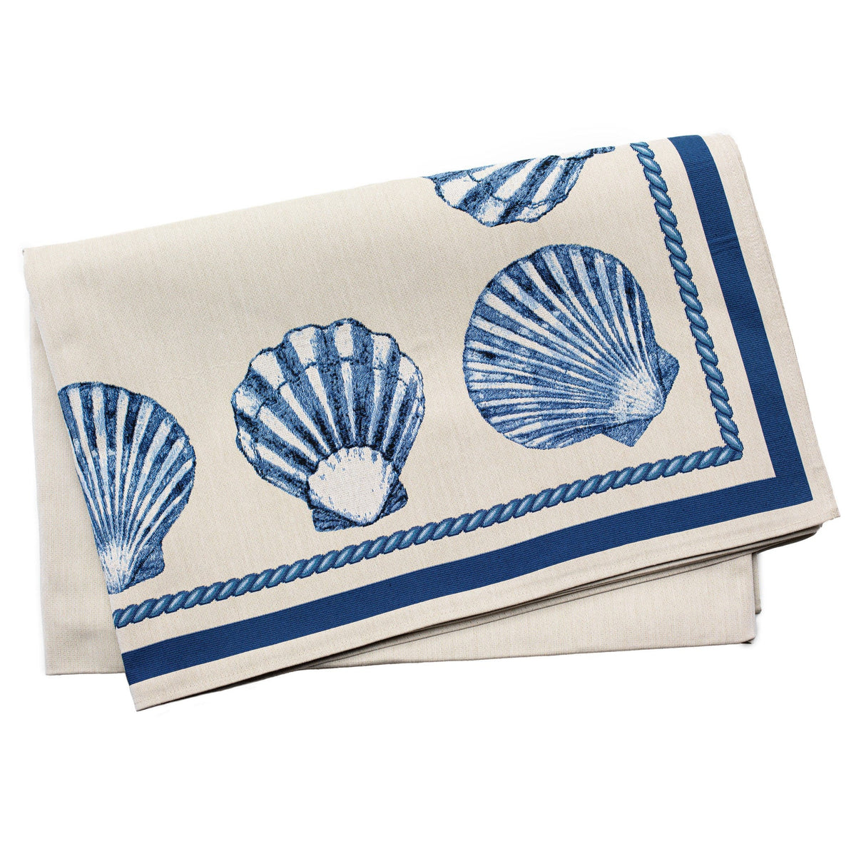 Tavola Shell Tablecloth, jacquard blue scallop shells with a rope border