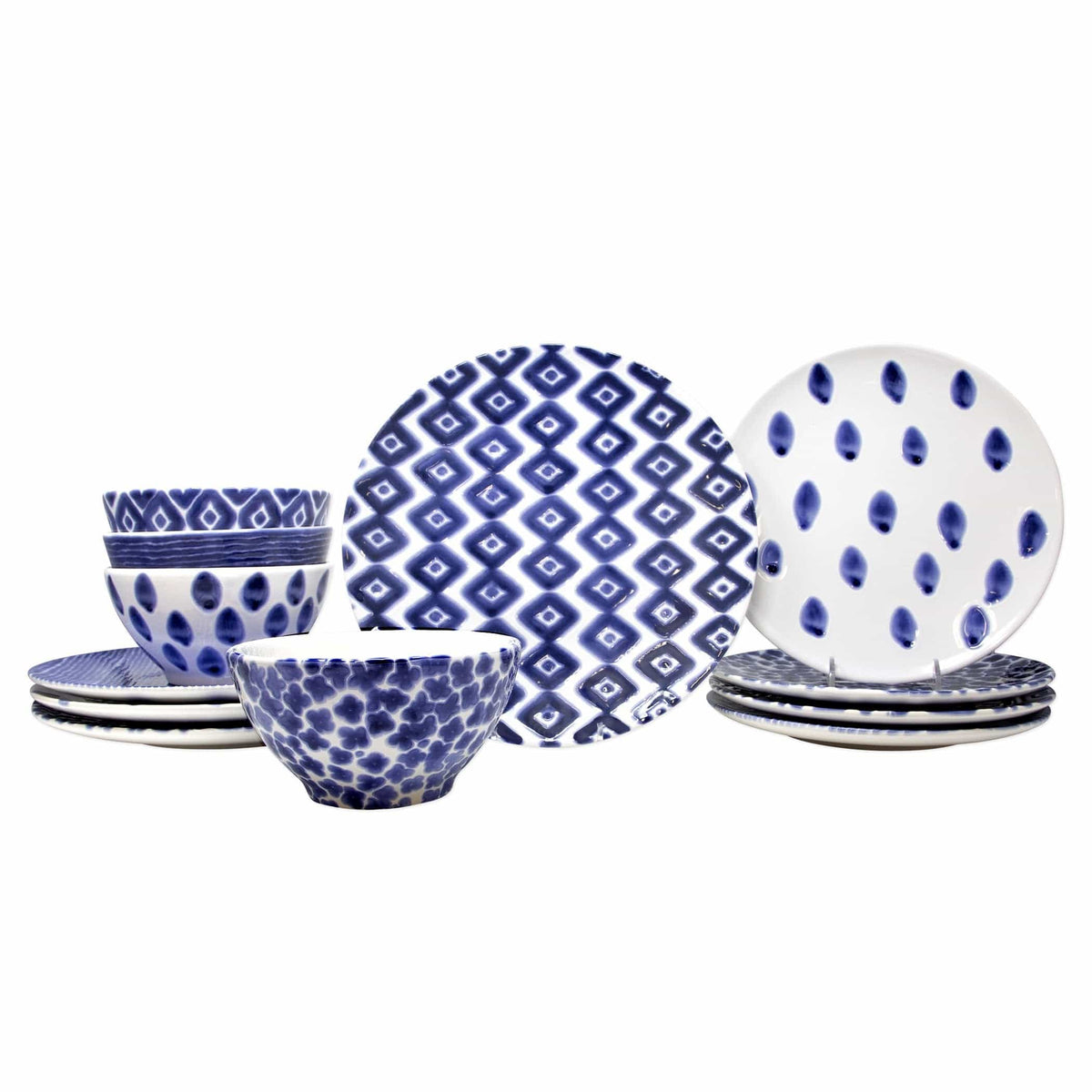 Santorini Assorted 12-Piece Place Setting, hand-painted blue and white patterns