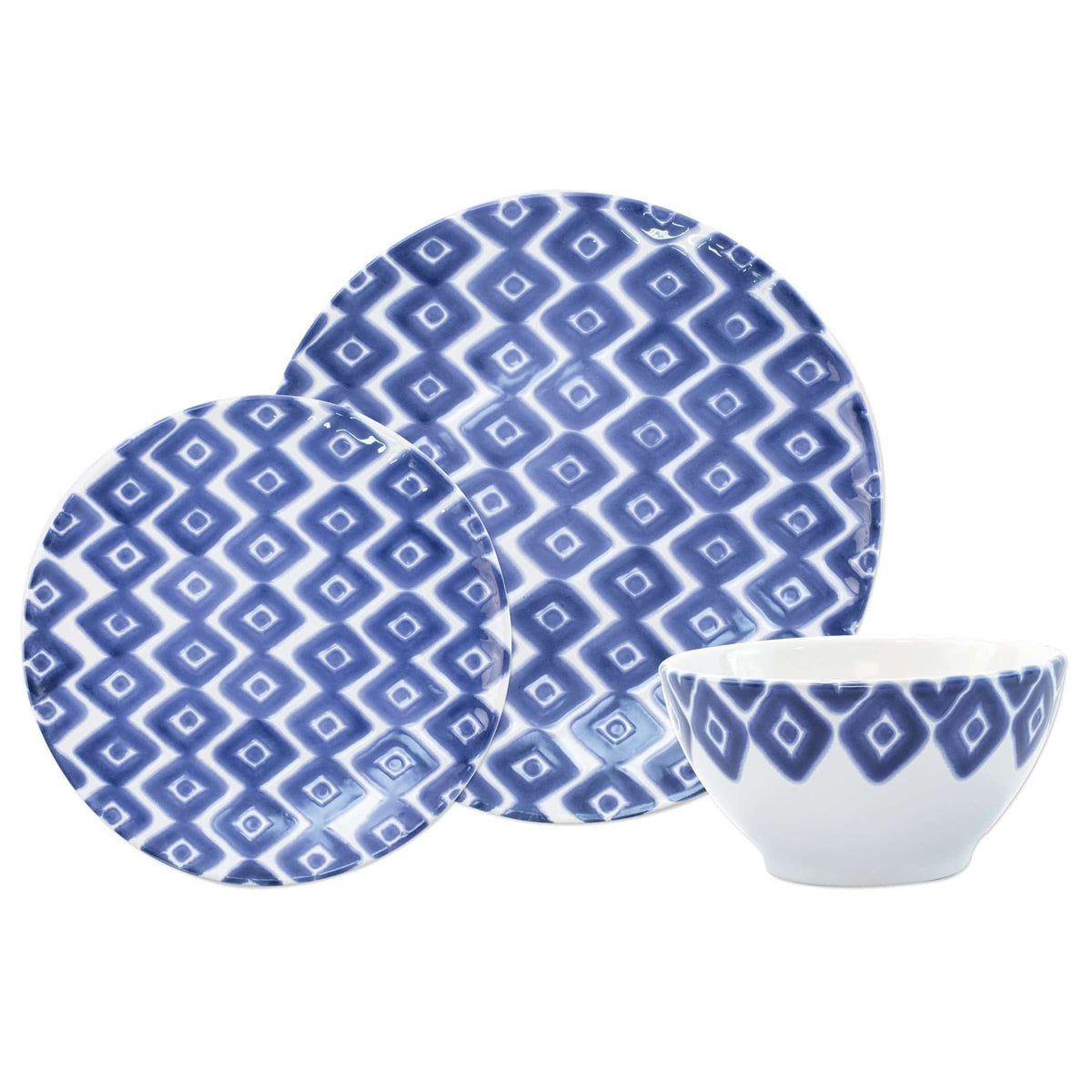 Santorini Diamond 3-Piece Place Setting, hand-painted a blue and white diamond pattern