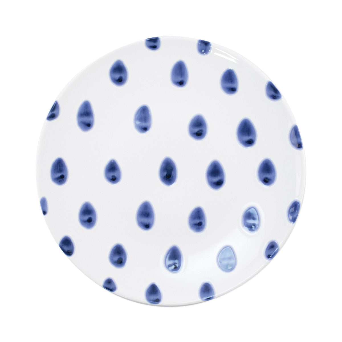 Santorini Dot Dinner Plate, hand-painted blue teardrop dots on white