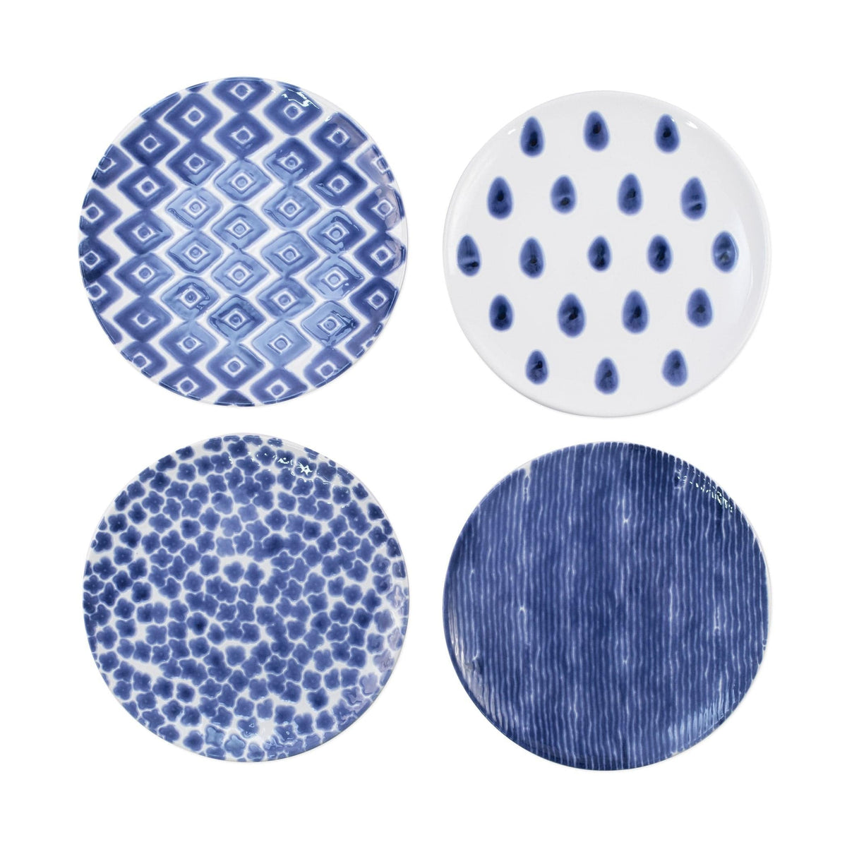 Santorini Assorted Salad Plates - Set of 4, hand-painted blue and white patterns