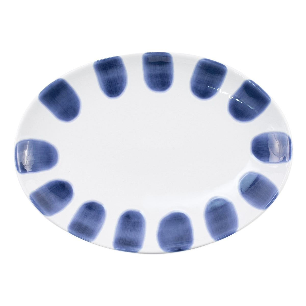 Santorini Dot Small Oval Platter, hand-painted blue teardrop dots on white