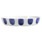 Santorini Dot Oval Baker, hand-painted blue teardrop dots on white