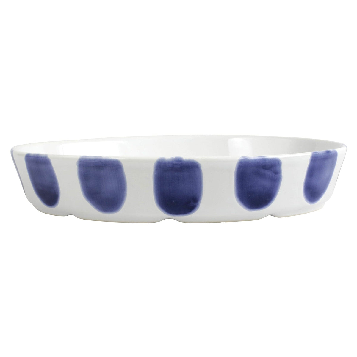 Santorini Dot Oval Baker, hand-painted blue teardrop dots on white