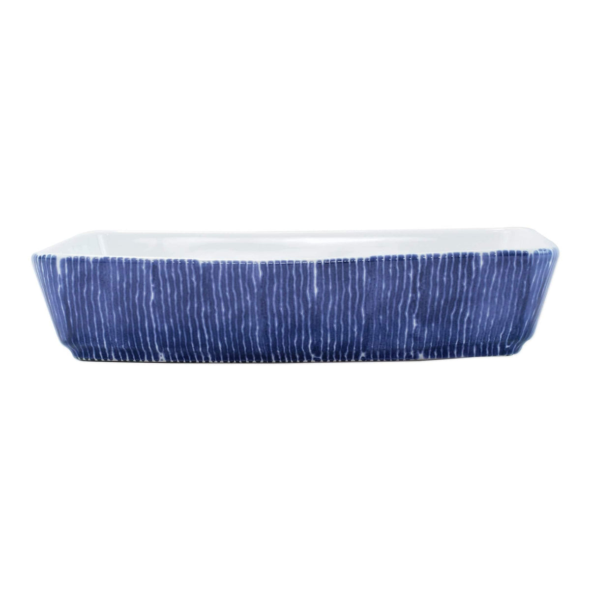 Santorini Stripe Rectangular Baker, hand-painted fine, painterly blue stripes