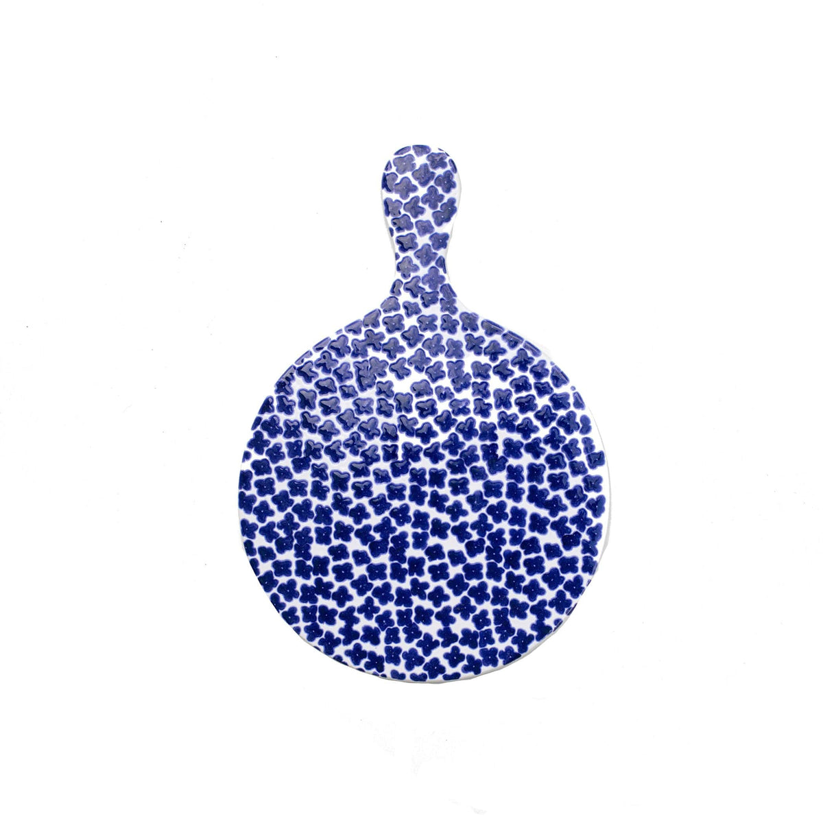 Santorini Flowers Round Cheese Board, hand-painted tiny blue flowers packed edge to edge