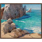 Painting of sunlit rocky cliffs above turquoise sea, on canvas in a walnut floater frame