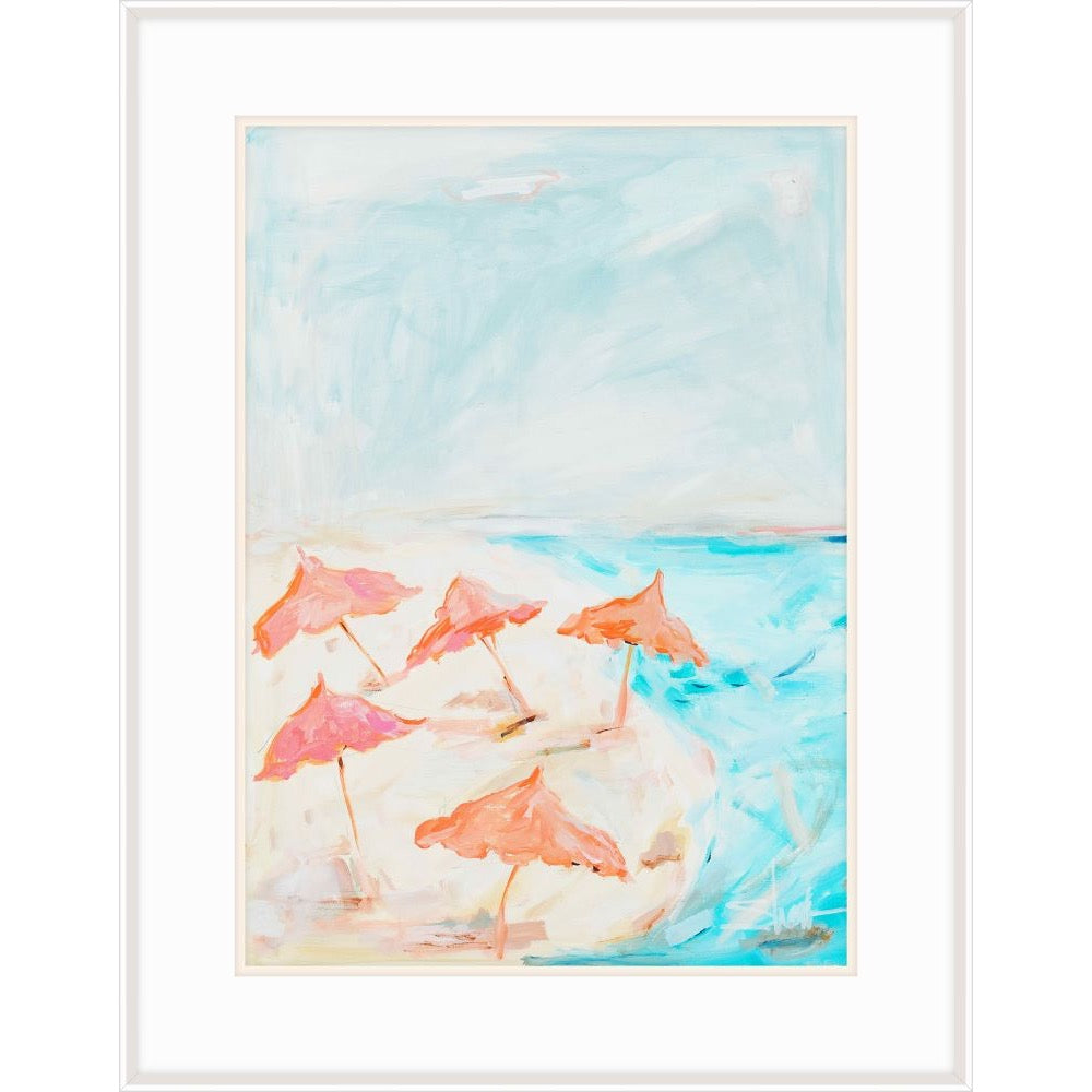 Airy painting of pink parasols on a pale beach beside turquoise water