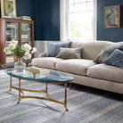 Malta Handwoven Wool Rug, Blue, styled in a room - Starboard Lane