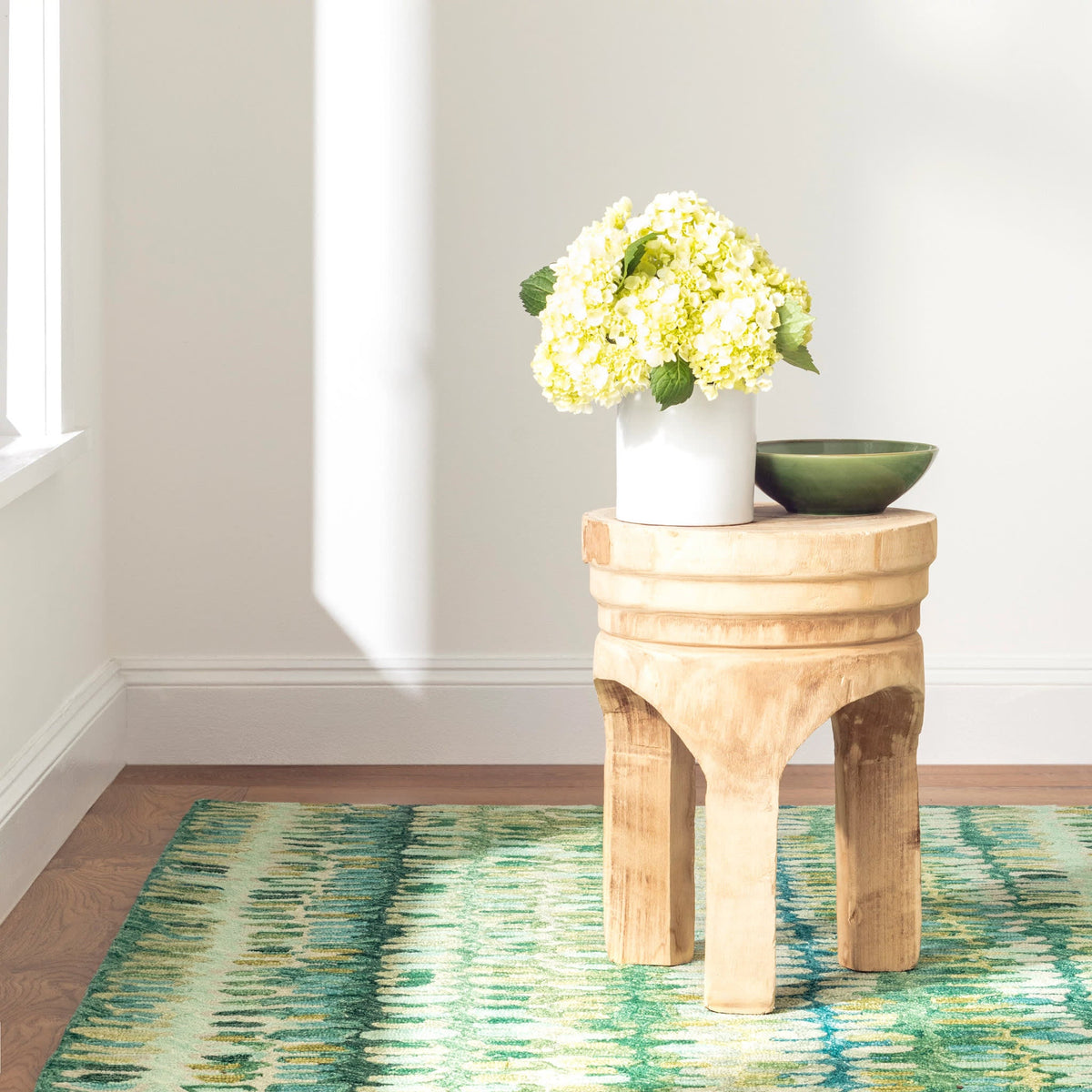 Paint Chip Hooked Wool Rug, Moss, styled in a room - Starboard Lane