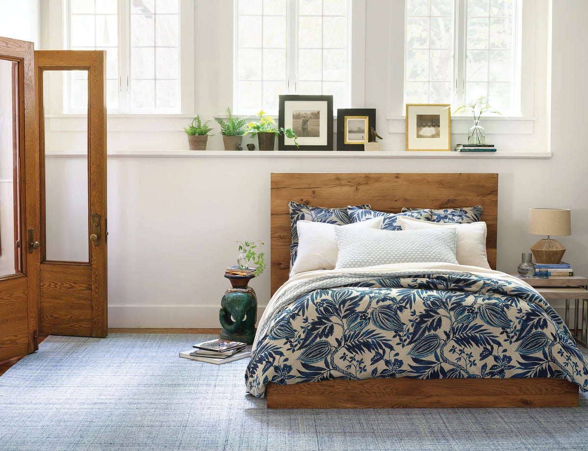 Antigua Linen Duvet Cover - Blue, styled on the bed - Starboard Lane