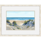 Painting of a sandy path between grassy dunes leading to a bright blue sea