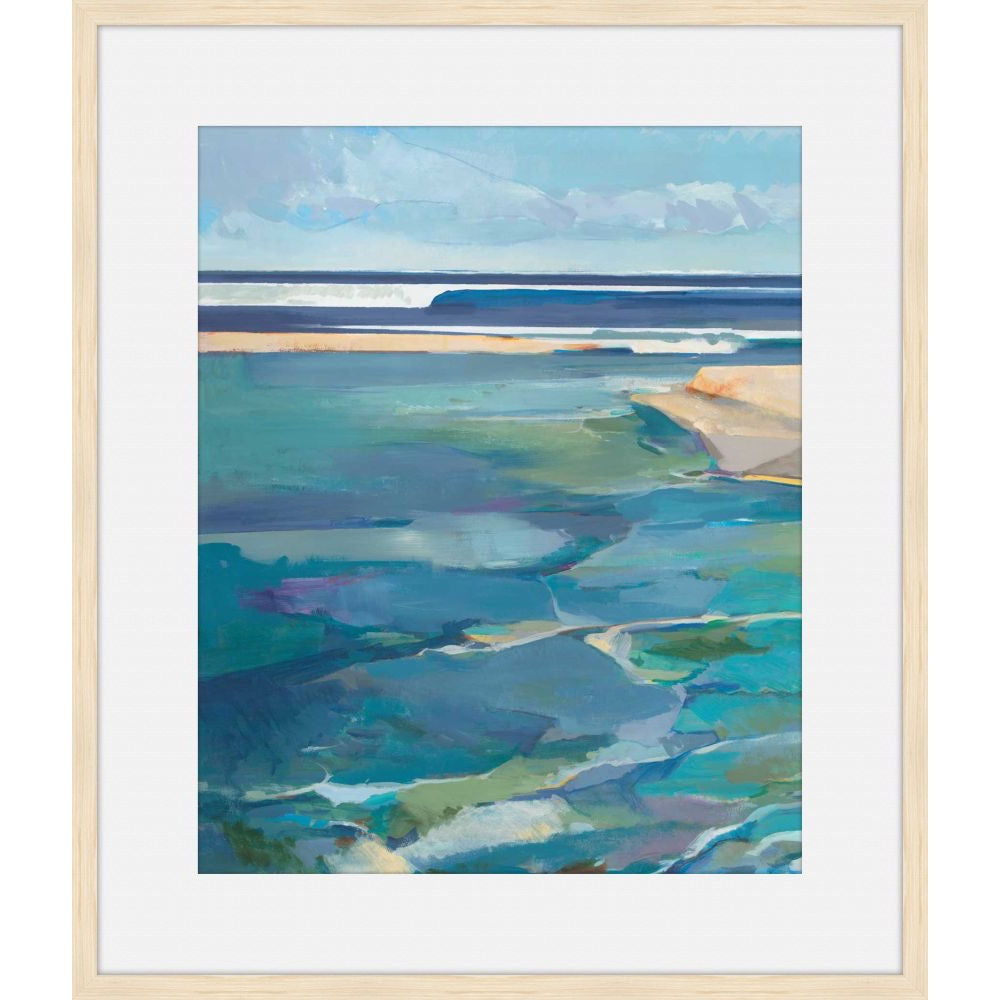 Modern faceted seascape painting of the shoreline in teal, aqua, and sand