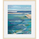 Modern faceted seascape painting of the shoreline in teal, aqua, and sand