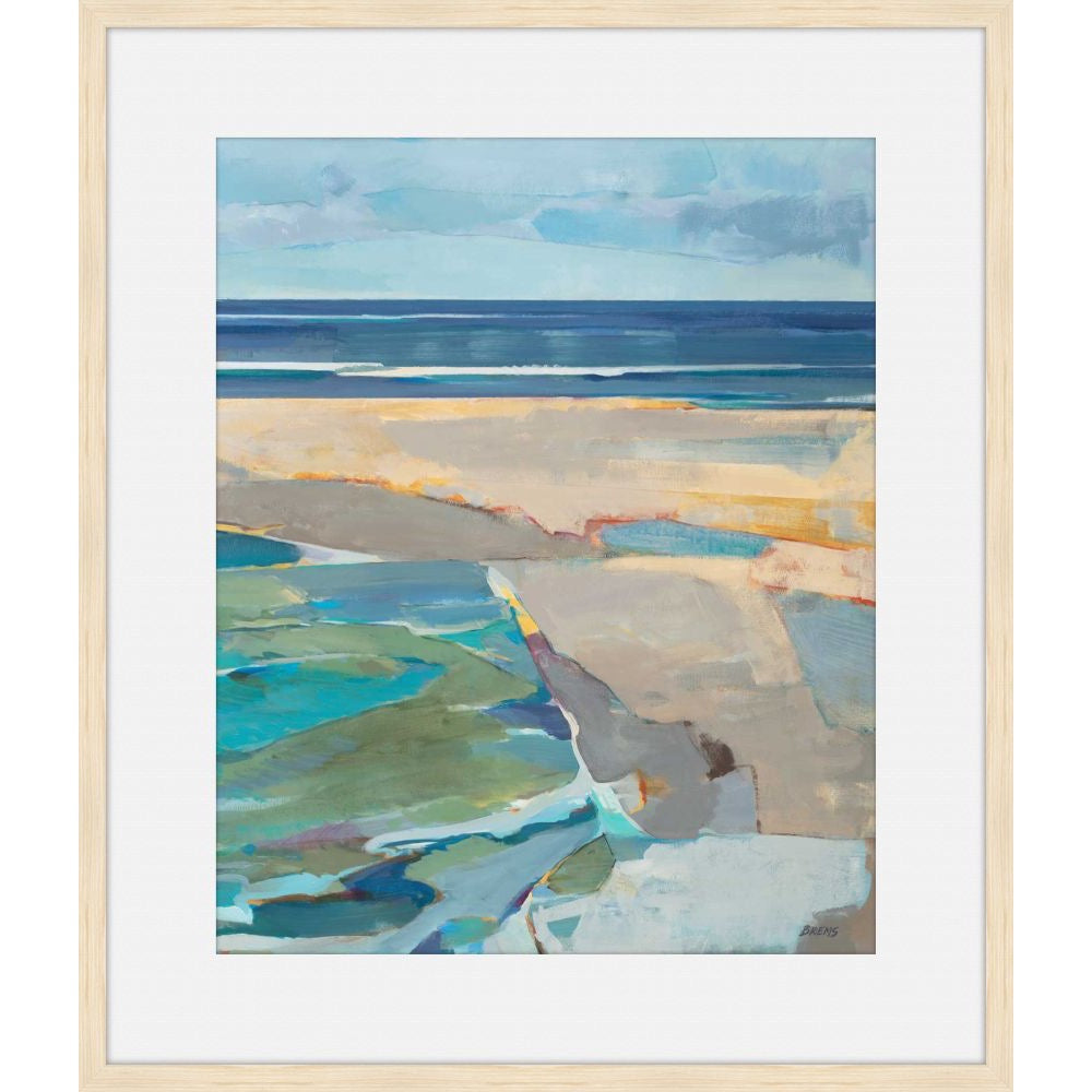 Modern faceted seascape painting of the water's edge in sand, gray, and sea green